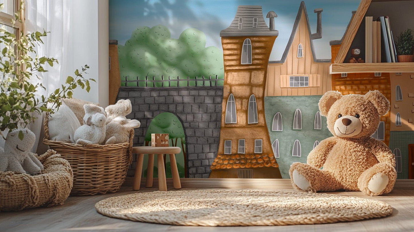 Illustrated townhouse wallpaper mural in earthy color palette.