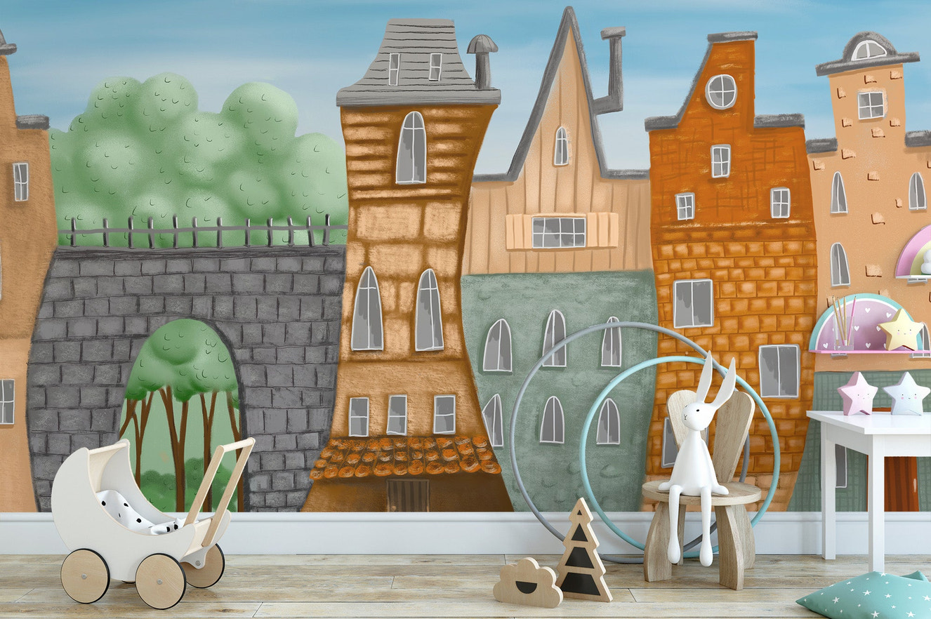 Storybook townscape wall mural with colorful vintage houses.