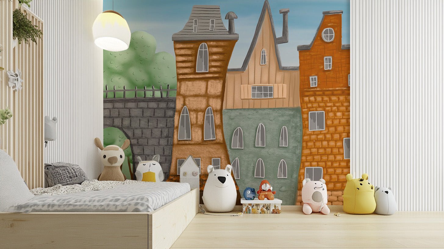 Charming village wallpaper mural with trees and stone arch.