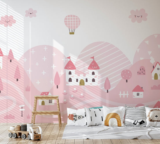 Storybook Valley Wall Mural with rolling green hills and whimsical trees.