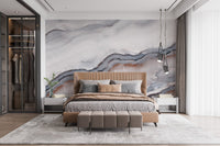 Striking White Clouded Marble Wall mural in a bedroom.
