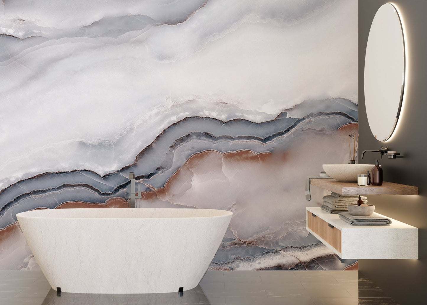 Striking White Clouded Marble mural in a modern bathroom with white bathtub.
