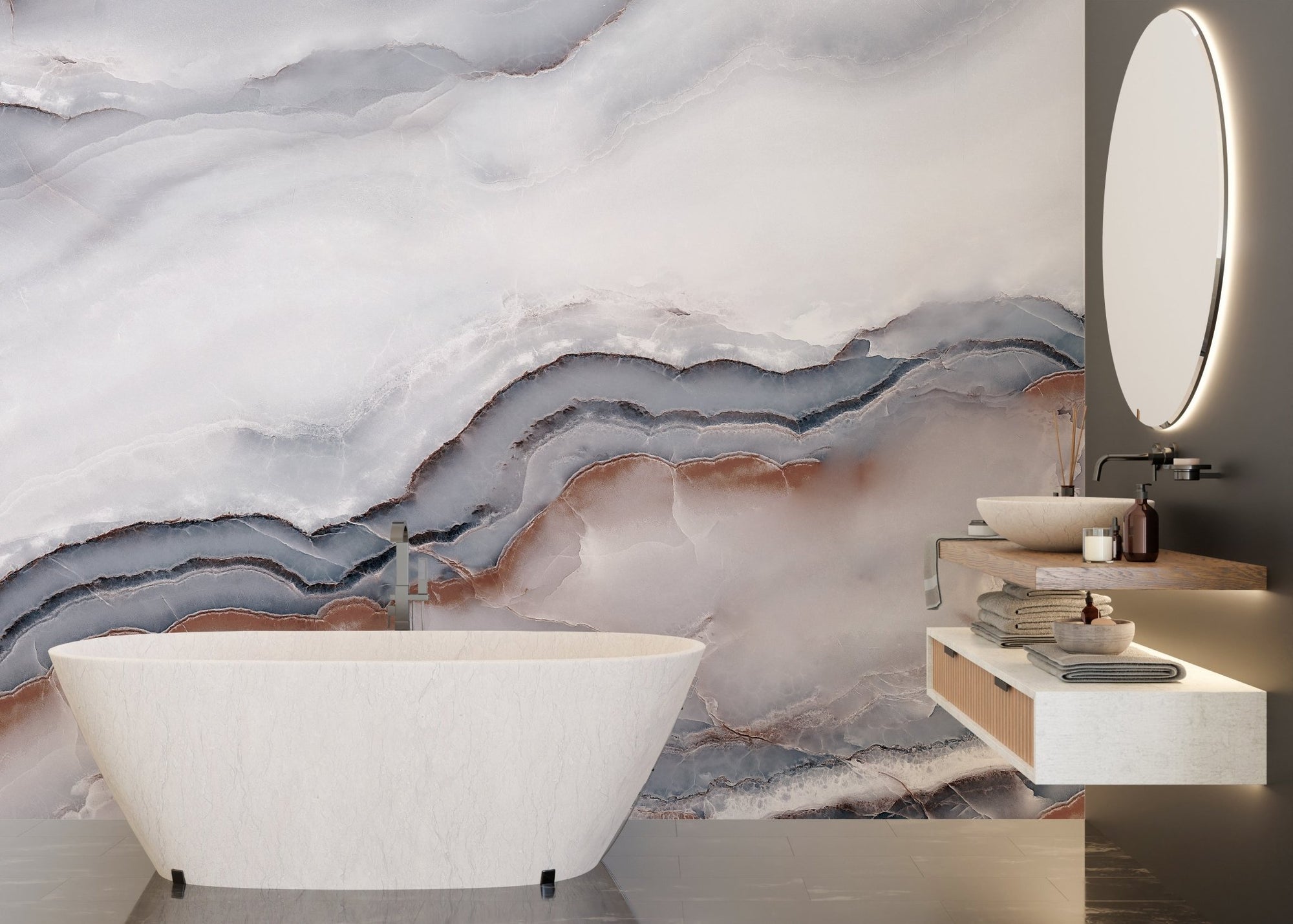 Striking White Clouded Marble mural in a modern bathroom with white bathtub.