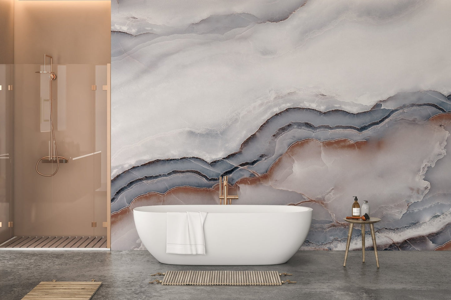 Large marble wall mural in a luxury bathroom with a glass shower.