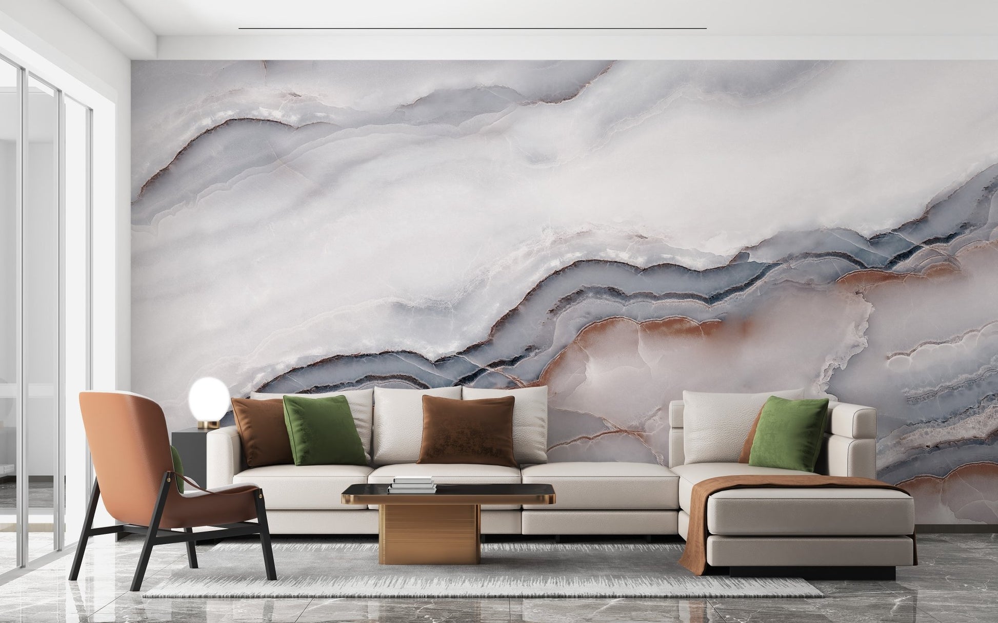 Abstract marble wall mural behind a modern sofa in living room.