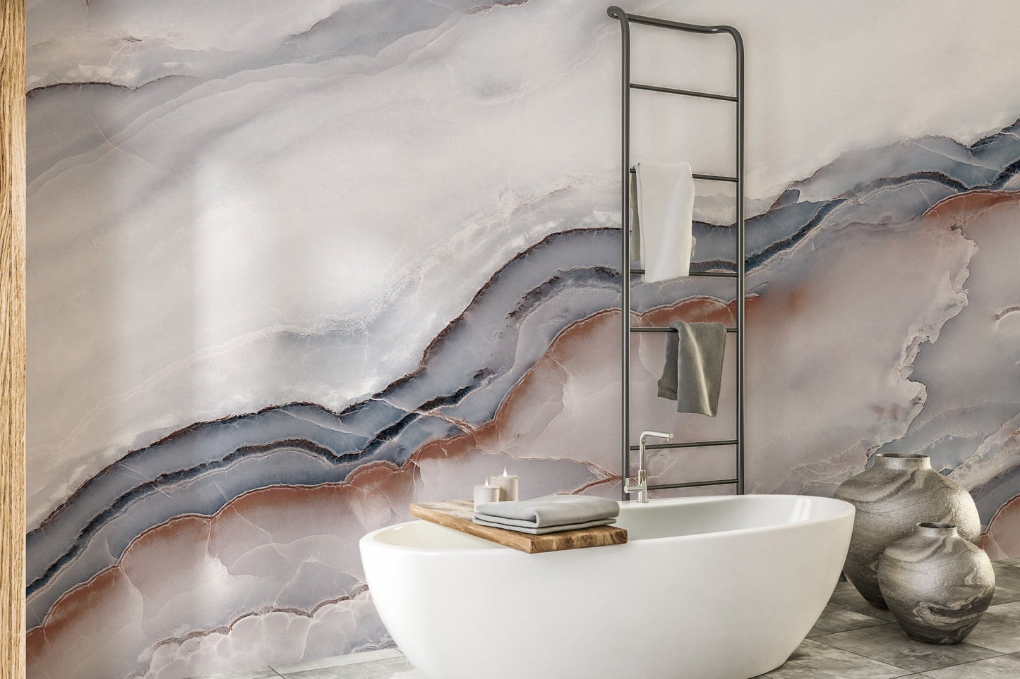 Marble texture mural in a wet room with a freestanding tub and ladder rack.