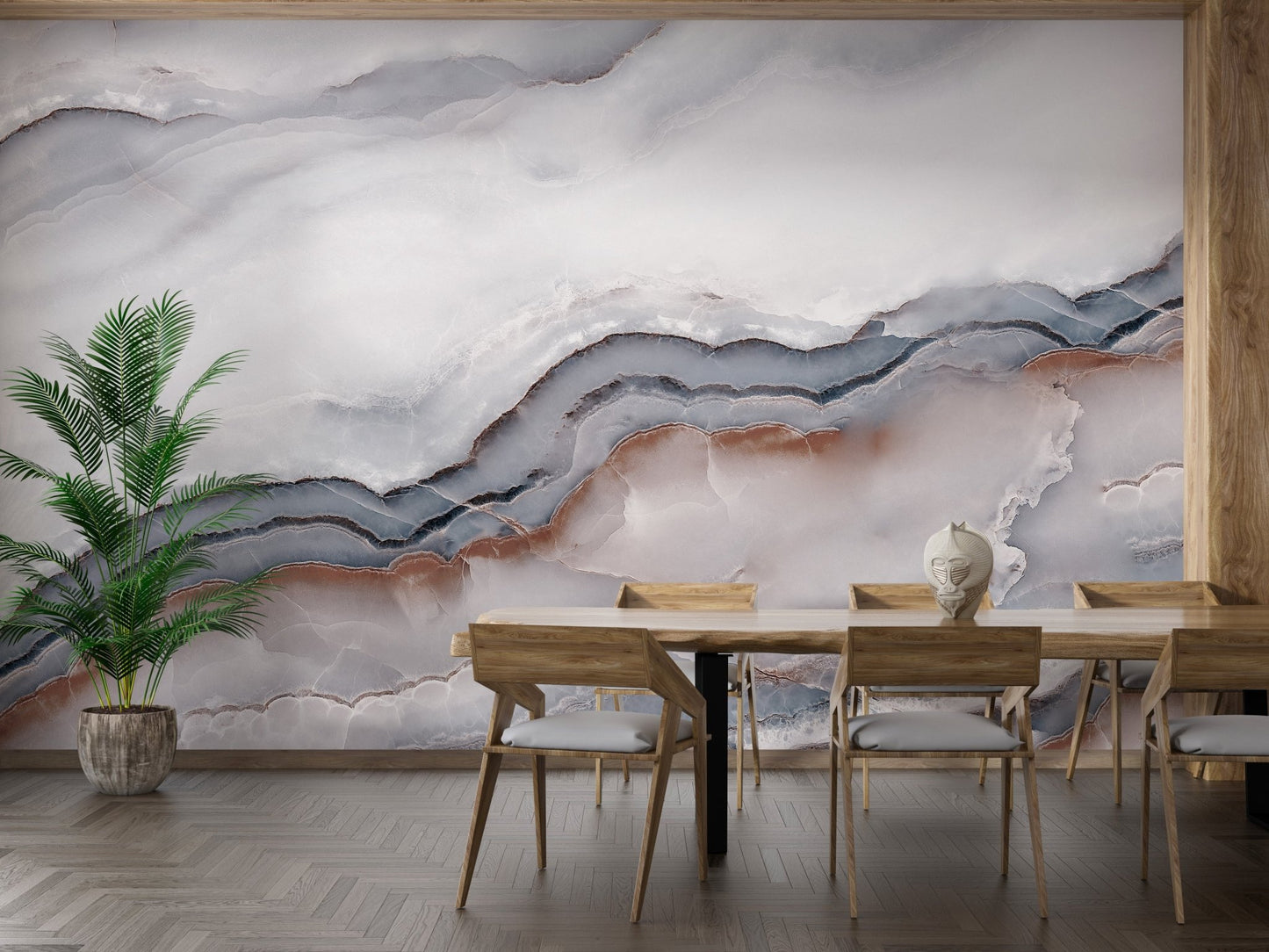Striking White Clouded Marble mural in a dining area with a table and plant.