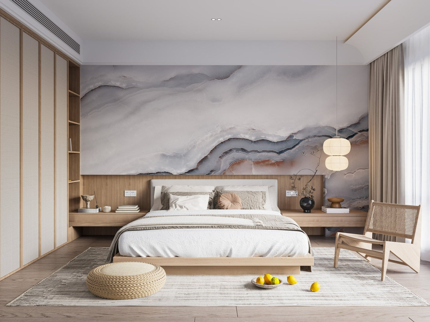 Striking White Clouded Marble Wall mural in a minimalist bedroom.