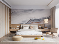 Striking White Clouded Marble Wall mural in a minimalist bedroom.