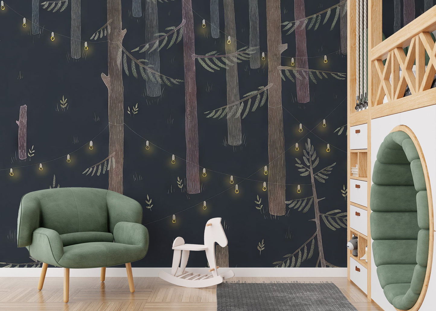 Night woodland wall mural with glowing string lights wallpaper.