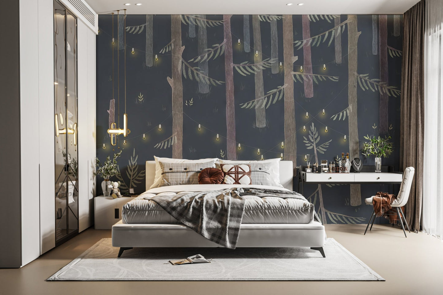 Moody blue forest wallpaper with hanging light garland effect.