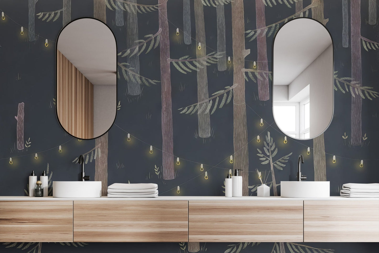 Minimal forest line art wall mural with subtle warm lights.
