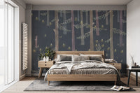 Contemporary dark trees wallpaper with hanging string lights.