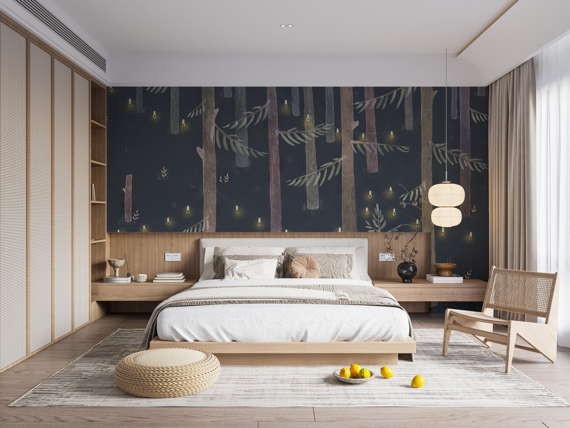 String lights trees wall mural with dark forest wallpaper design.