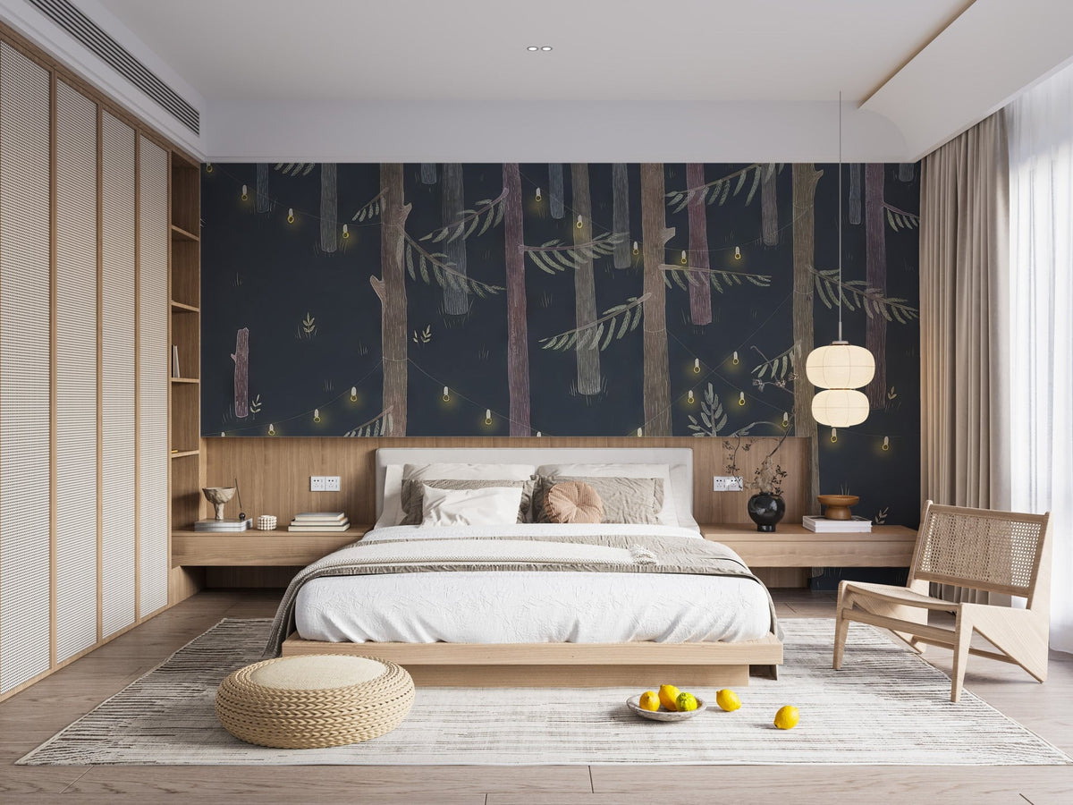 String lights trees wall mural with dark forest wallpaper design.