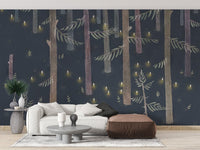 Illustrated trees wall mural with warm yellow string lights.