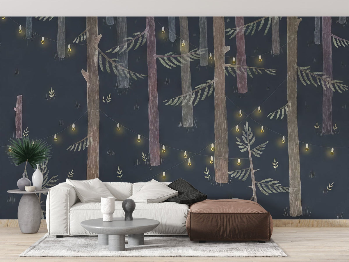 Illustrated trees wall mural with warm yellow string lights.