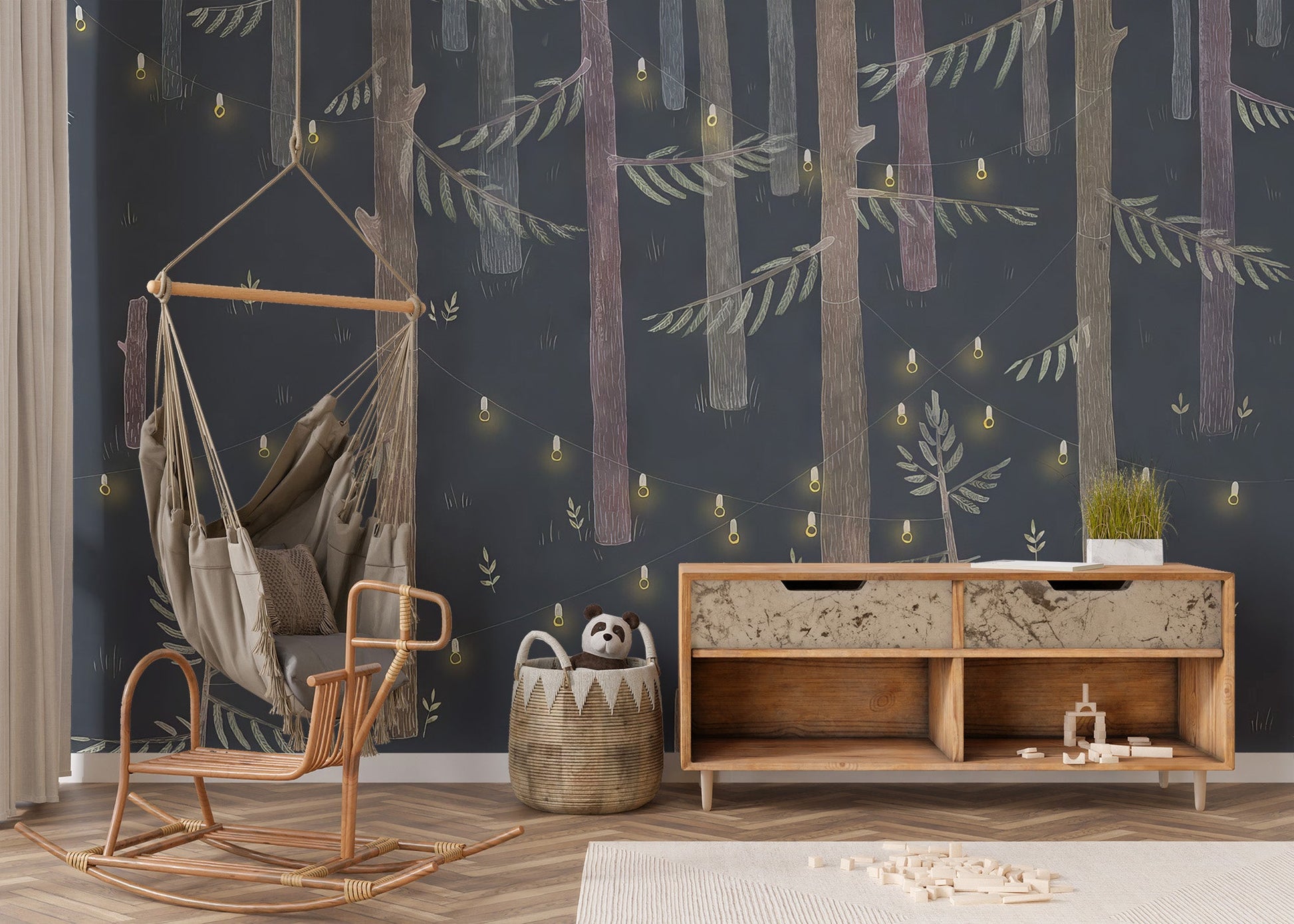 Deep navy trees wallpaper with scattered fairy light detail.