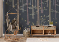 Deep navy trees wallpaper with scattered fairy light detail.