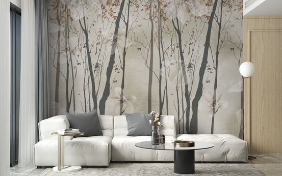 Modern neutral forest wood wall mural featuring slim tree branches design.