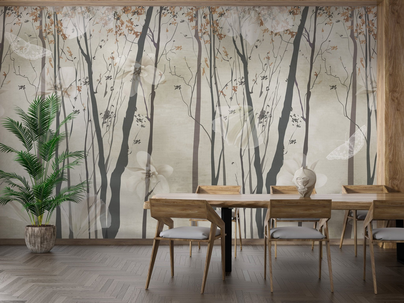 String of lights wood wall mural with soft floral overlays and forest silhouettes.