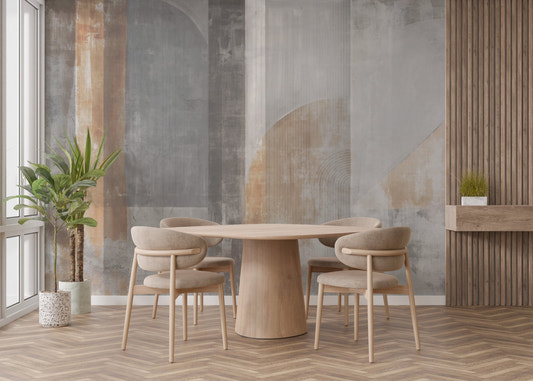Abstract Stroke Patterns Wall Mural in a dining room with wooden furniture.