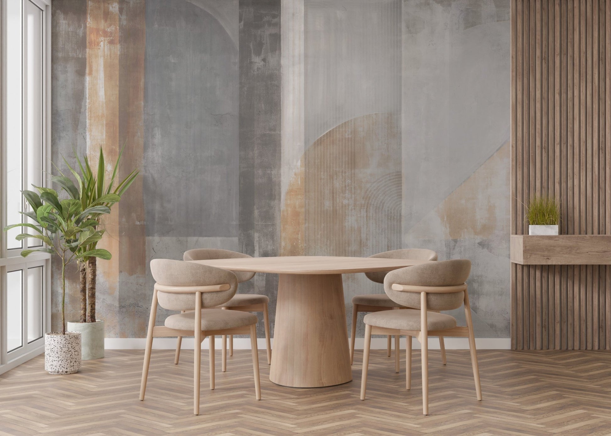 Abstract Stroke Patterns Wall Mural in a dining room with wooden furniture.
