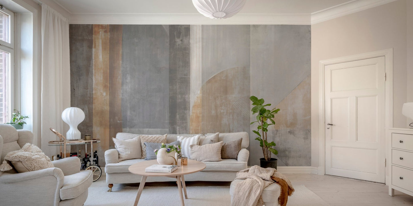 Flowing brush stroke details in a stylish mural for bright living area.