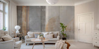 Flowing brush stroke details in a stylish mural for bright living area.