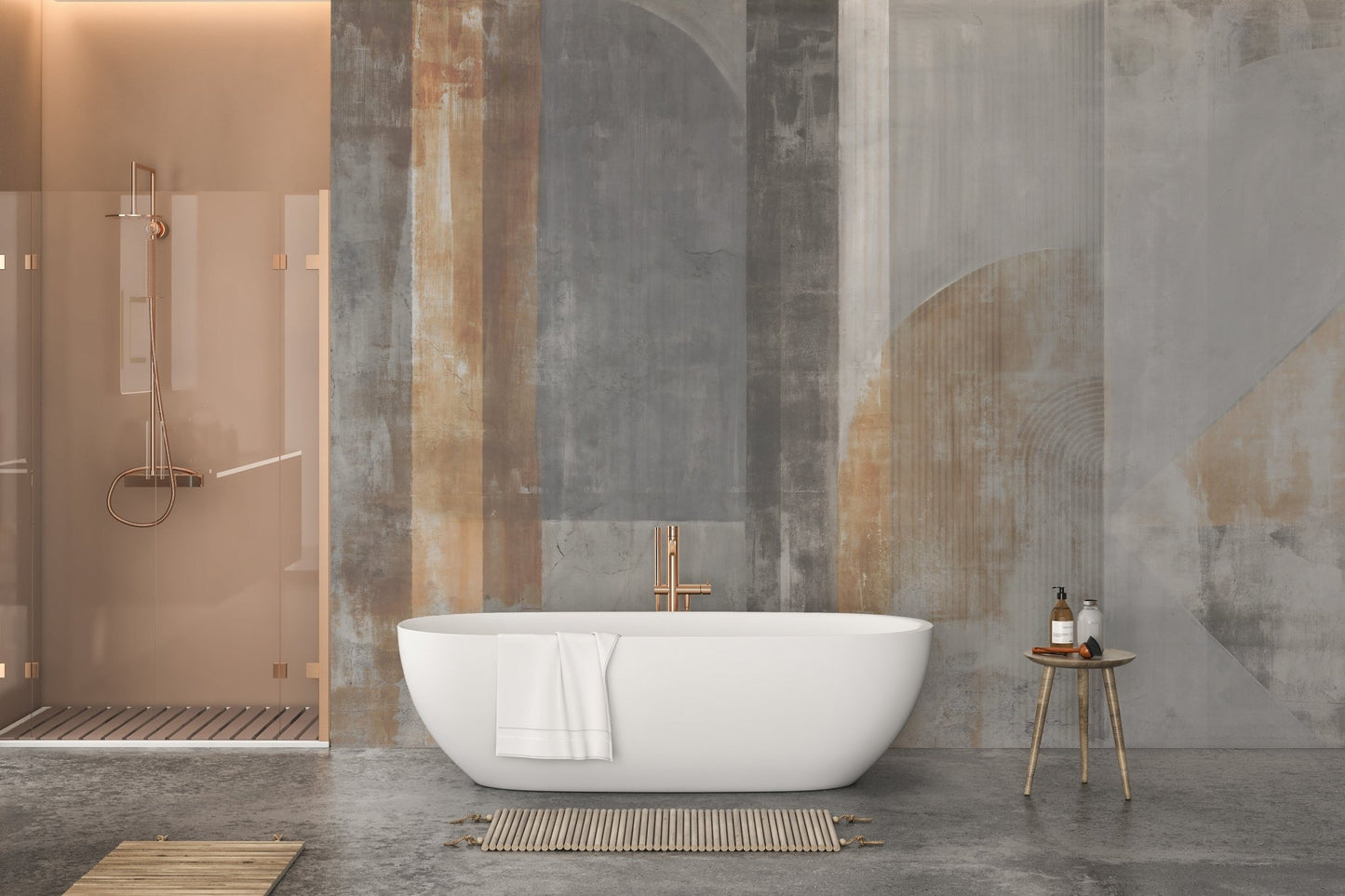 Expressive paint stroke design wall mural in modern bathroom.