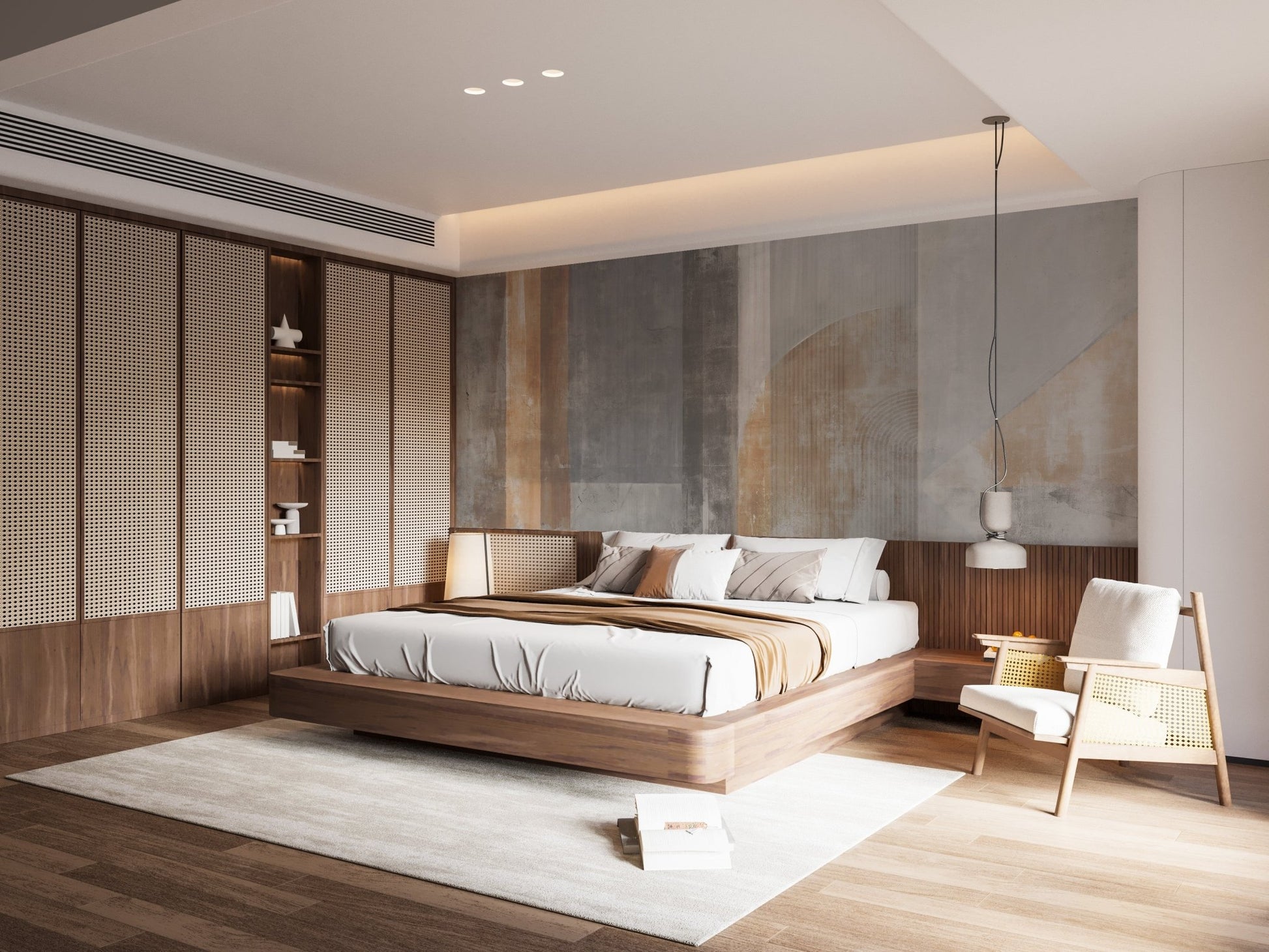 Modern Stroke Patterns Wall Mural in a minimalist bedroom.