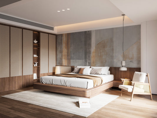 Modern Stroke Patterns Wall Mural in a minimalist bedroom.