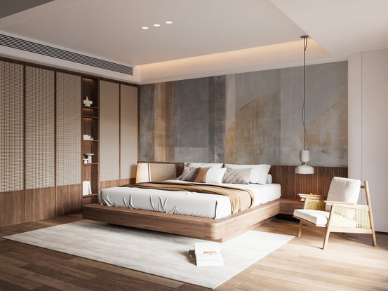 Modern Stroke Patterns Wall Mural in a minimalist bedroom.