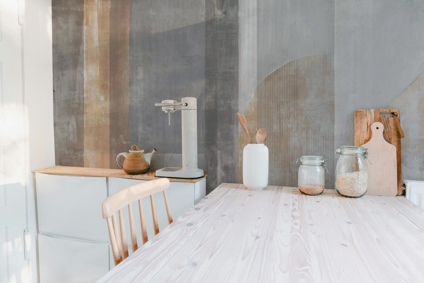 Hand-painted stroke wall mural creating a contemporary look in kitchen.