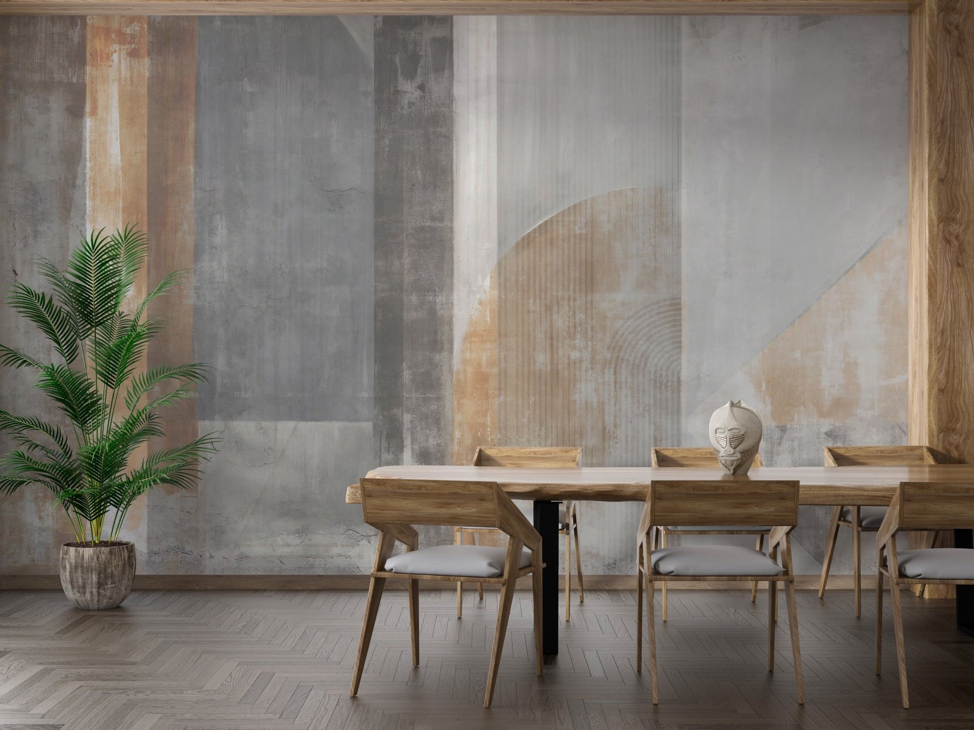 Unique abstract strokes mural design in a dining space.