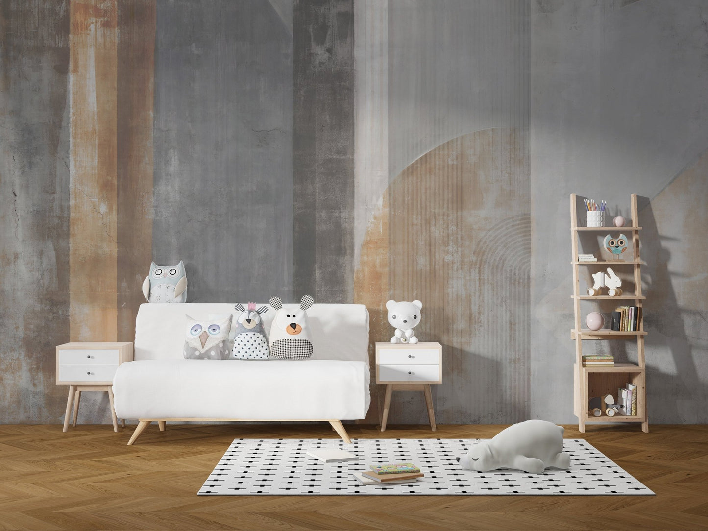 Dynamic multi-stroke wall mural with bold accents in nursery area.
