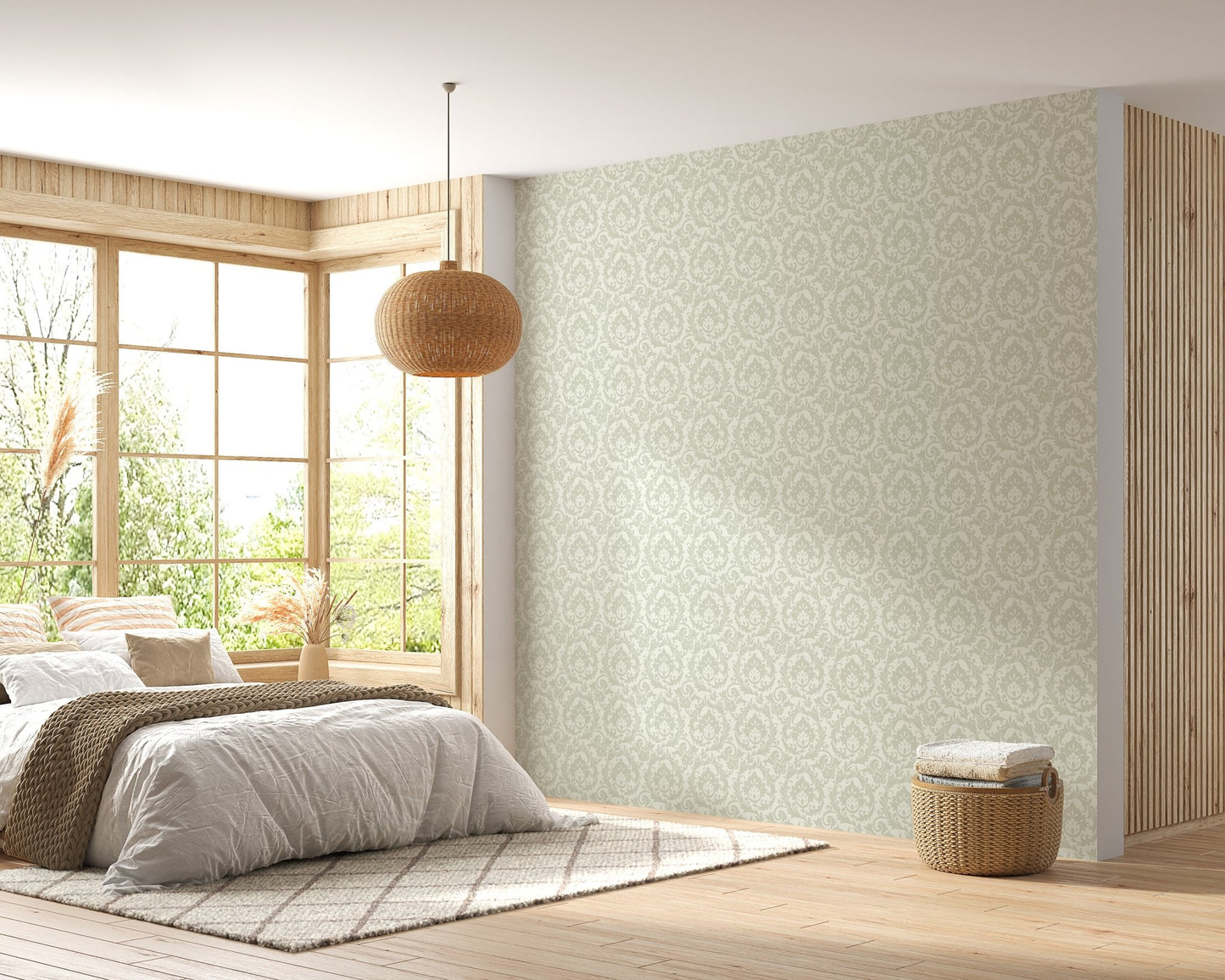 Pale green vintage damask wallpaper in bright bedroom with wooden flooring