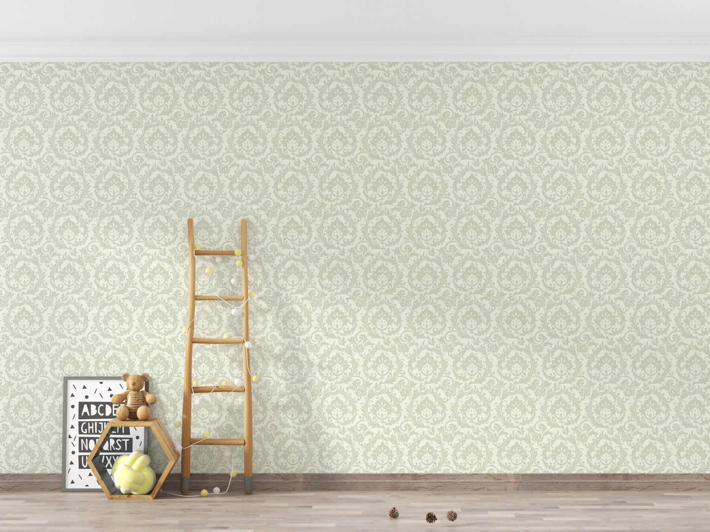 Neutral tone leaf pattern wallpaper in hallway with wooden ladder and decor