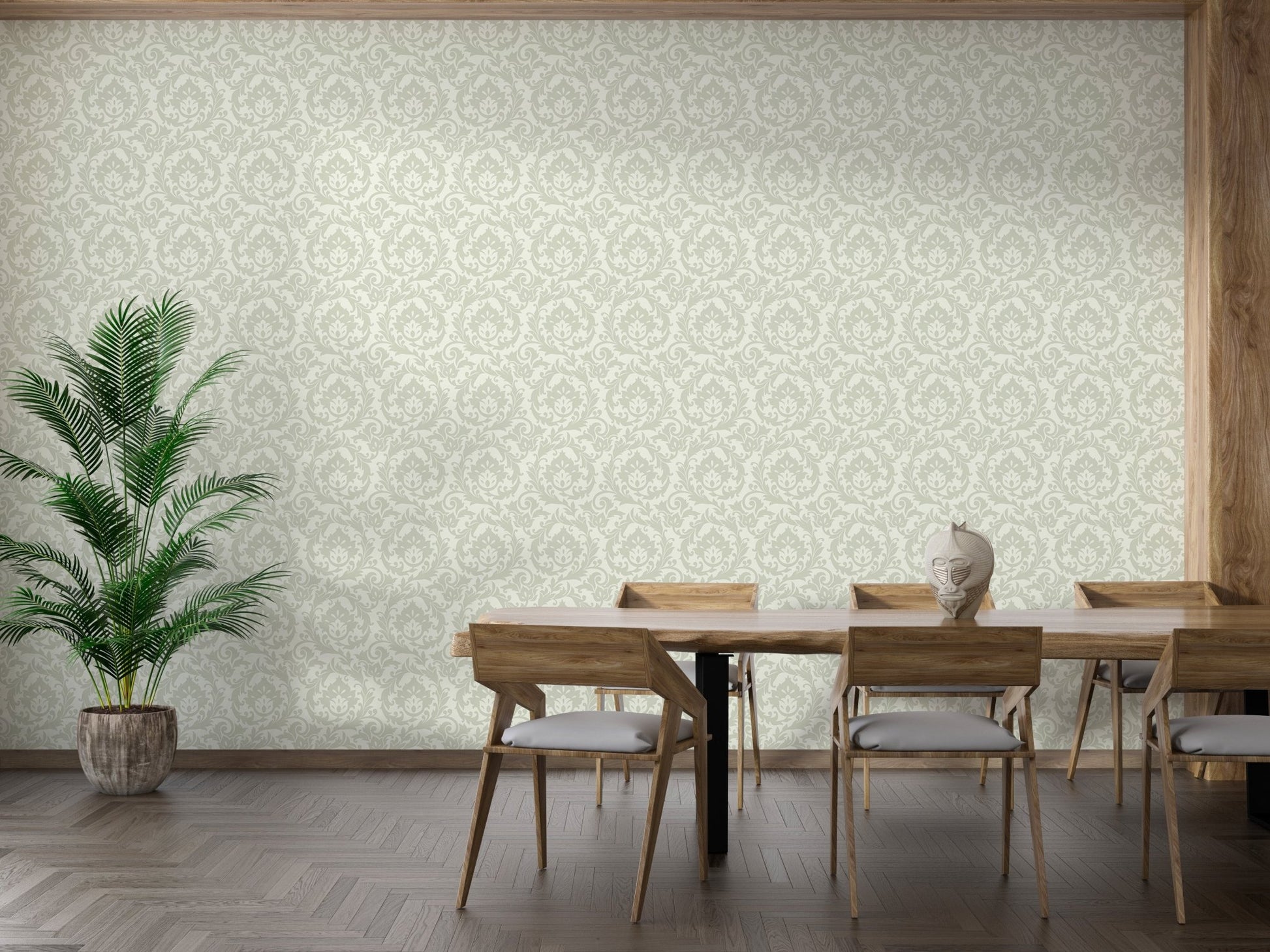 Stunning Autumn Leaves Vintage Damask Wallpaper in dining room with large plant
