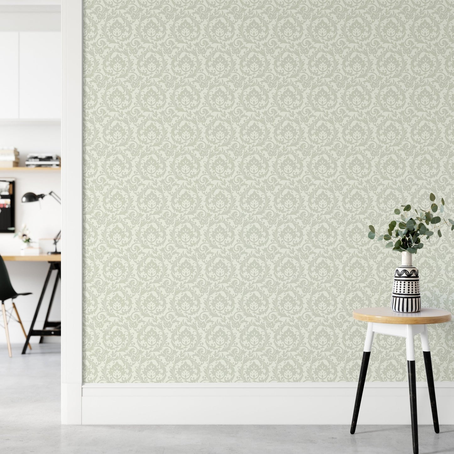 Stunning Autumn Leaves Vintage Damask Wallpaper on hallway wall with white side table