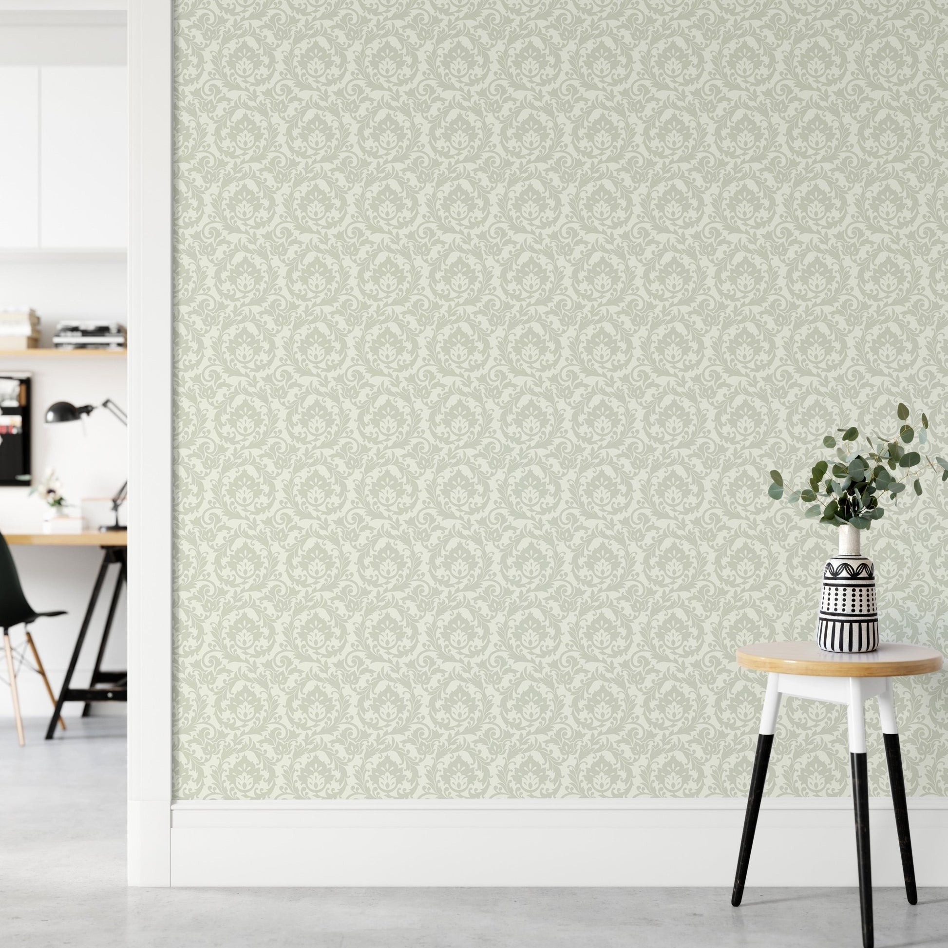 Stunning Autumn Leaves Vintage Damask Wallpaper on hallway wall with white side table