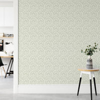 Stunning Autumn Leaves Vintage Damask Wallpaper on hallway wall with white side table