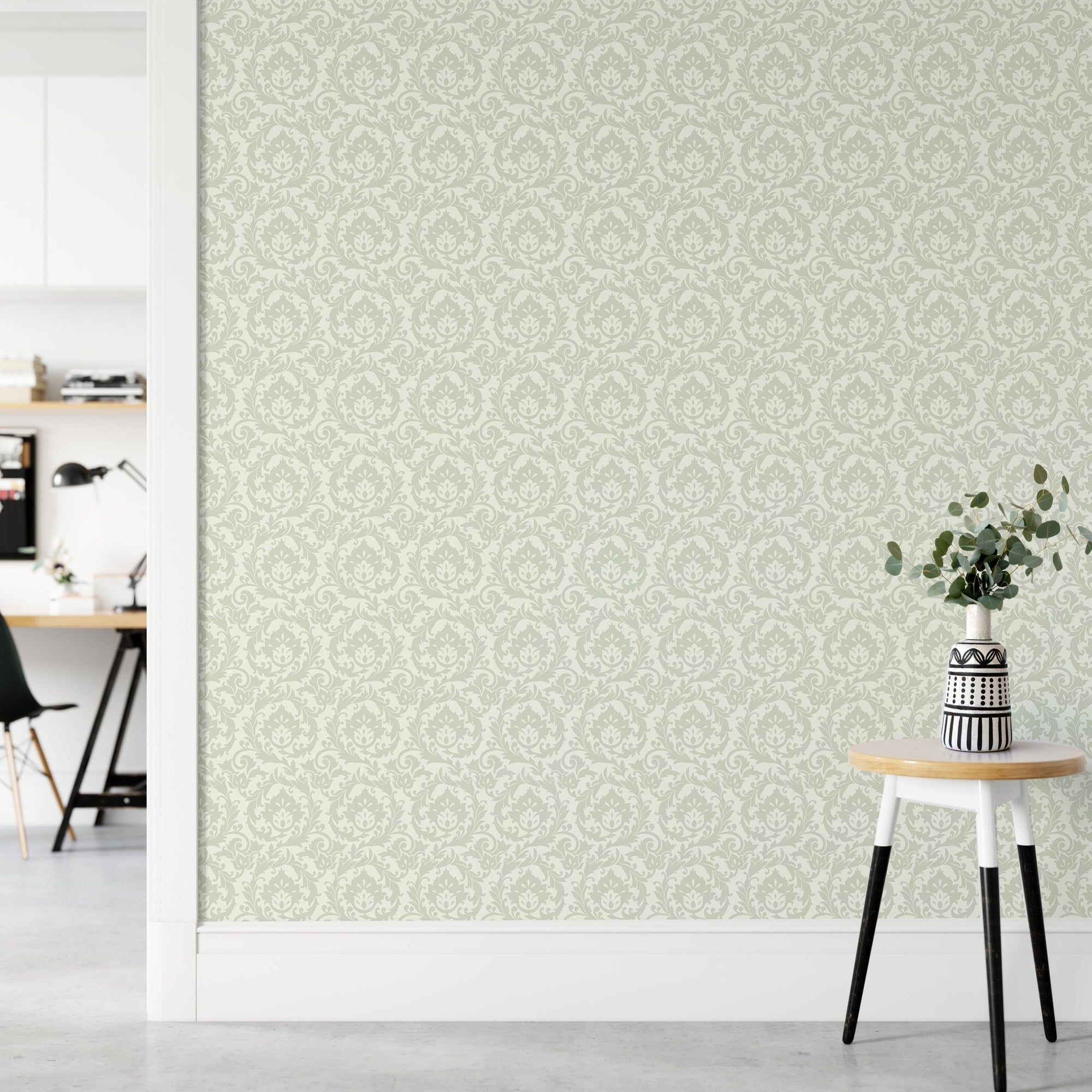 Stunning Autumn Leaves Vintage Damask Wallpaper on hallway wall with white side table