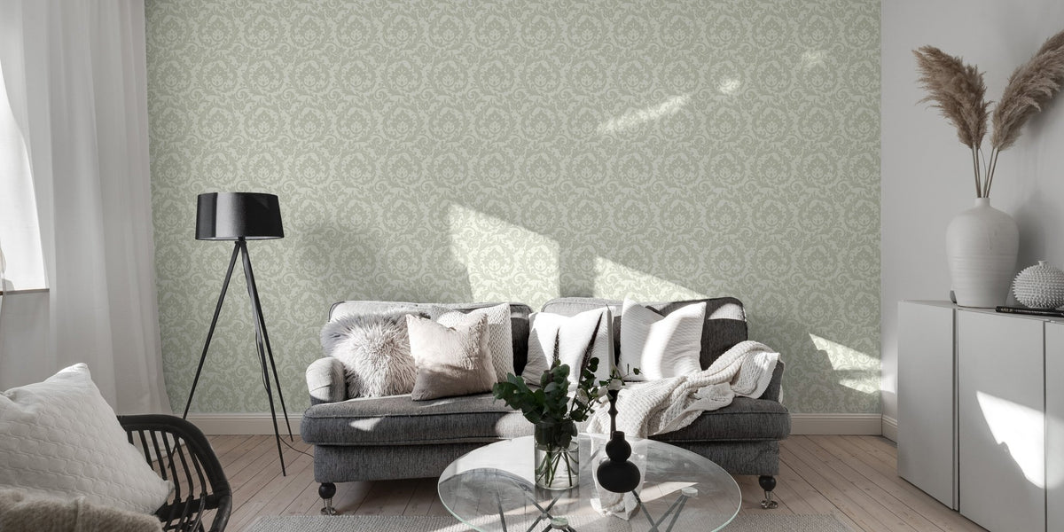 Autumn leaves wallpaper in living room with grey sofa and floor lamp