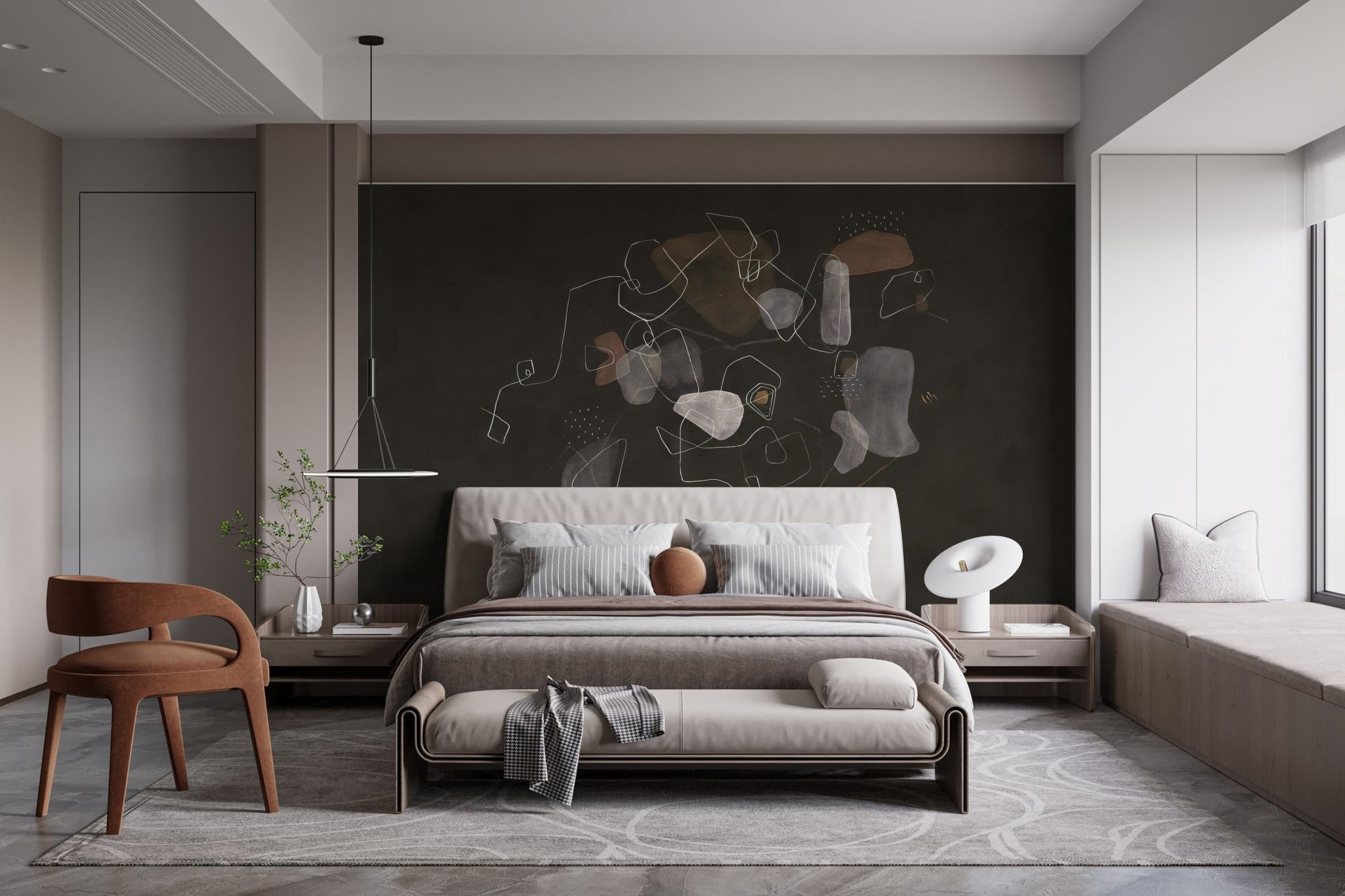 Brown stylish abstract wallpaper mural with white line art and geometric shapes.