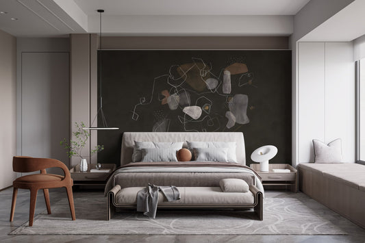 Brown stylish abstract wallpaper mural with white line art and geometric shapes.