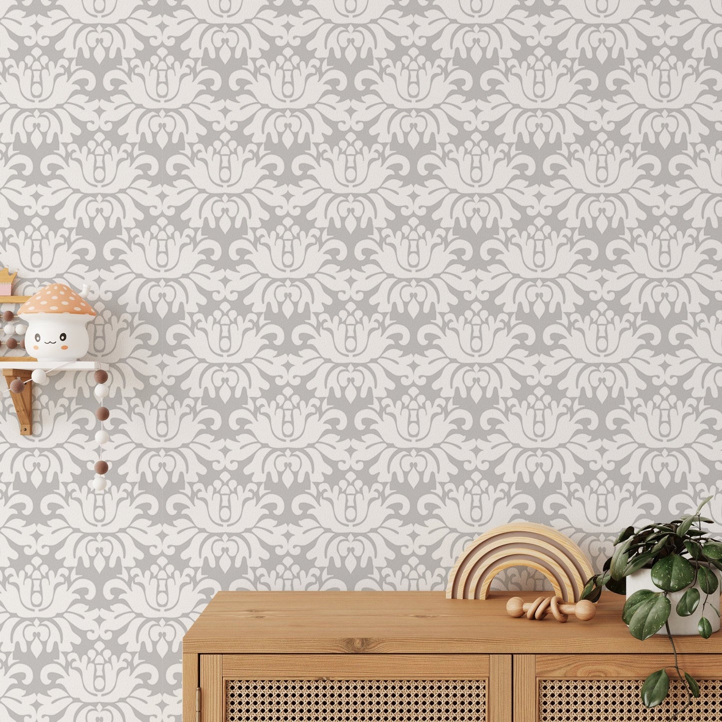 Stylish White Damask Repeat Pattern Peel and Stick Wallpaper behind a wooden sideboard.