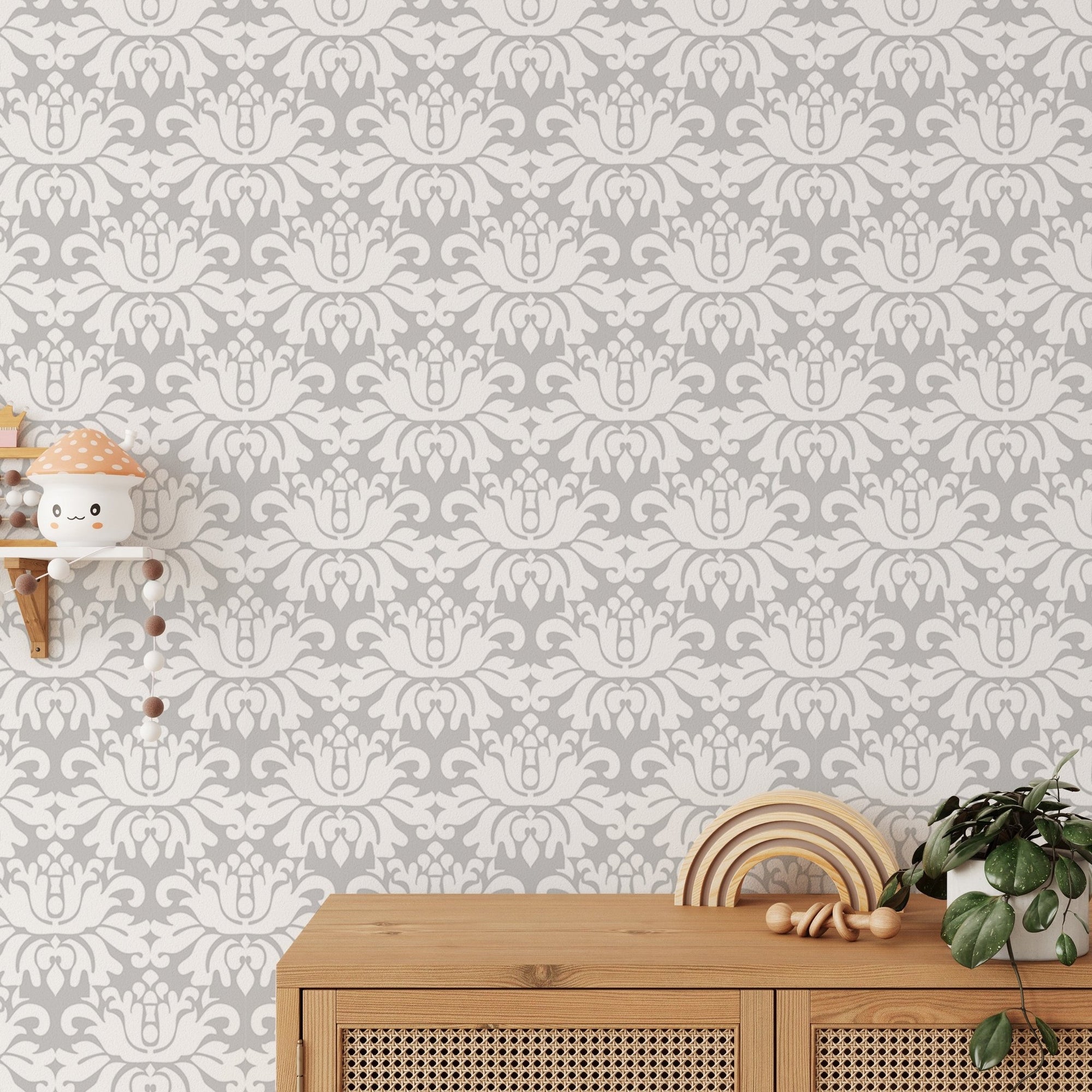 Stylish White Damask Repeat Pattern Peel and Stick Wallpaper behind a wooden sideboard.