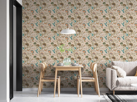 Blossom garden wallpaper in a dining area with a wooden table and sofa.