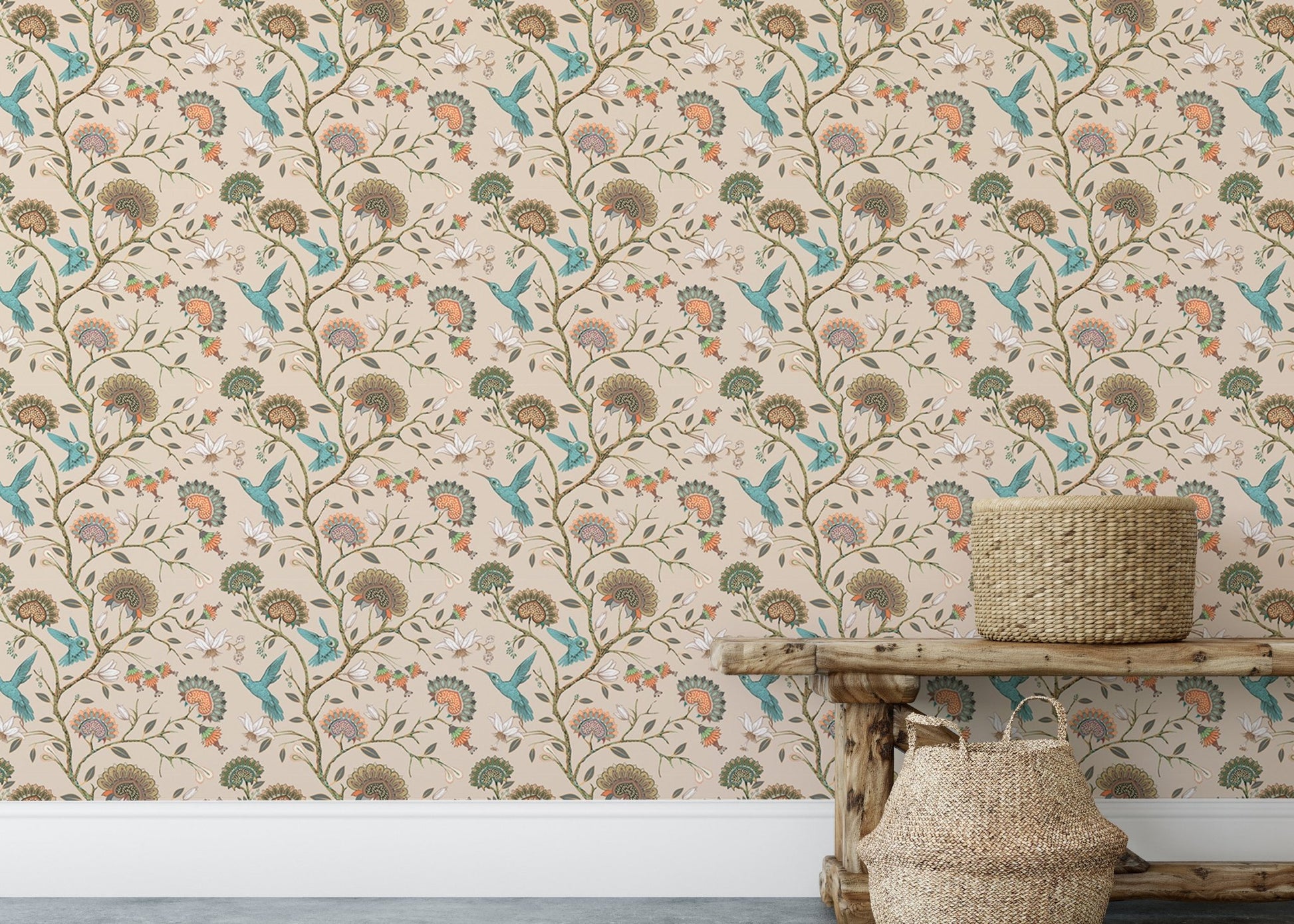 Blossom garden wallpaper used as a feature wall behind a wooden bench.